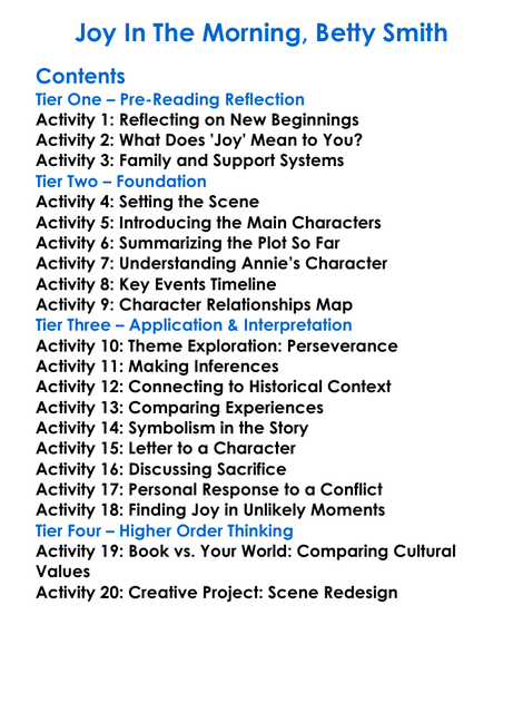 Joy In The Morning Betty Smith Worksheet Activity Booklet