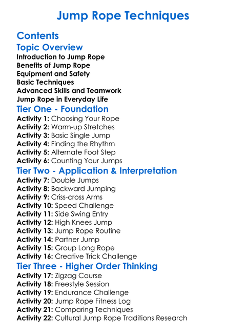 Jump Rope Techniques Worksheet Activity Booklet