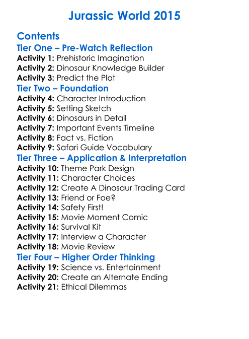 Jurassic World 2015 Worksheet Activity Booklet