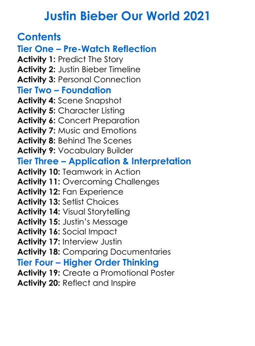 Justin Bieber Our World 2021 Worksheet Activity Booklet