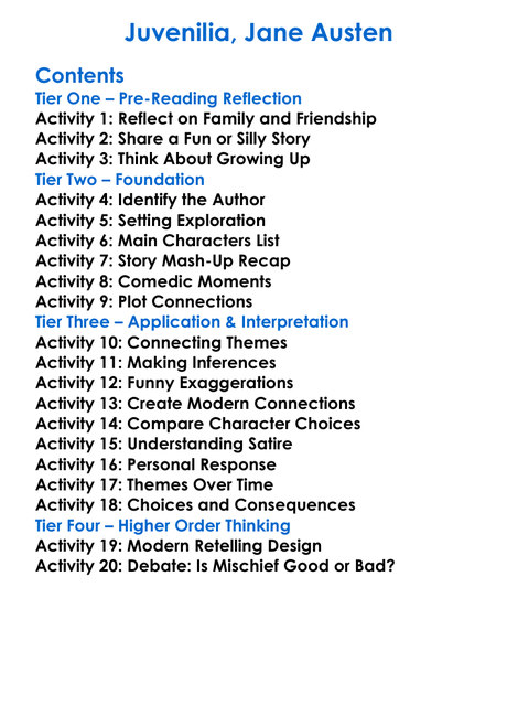 Juvenilia Jane Austen Worksheet Activity Booklet