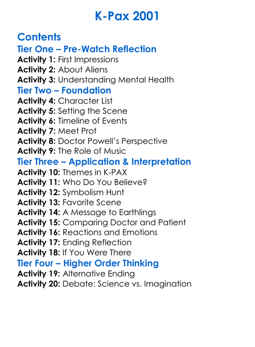 K-Pax 2001 Worksheet Activity Booklet