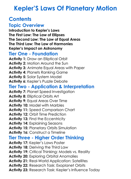 Keplers Laws Of Planetary Motion Worksheet Activity Booklet