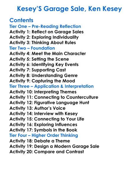 Keseys Garage Sale Ken Kesey Worksheet Activity Booklet