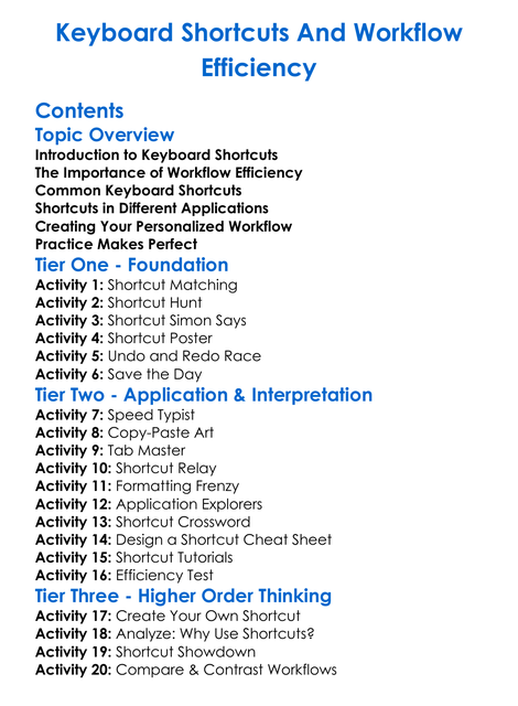 Keyboard Shortcuts And Workflow Efficiency Worksheet Activity Booklet