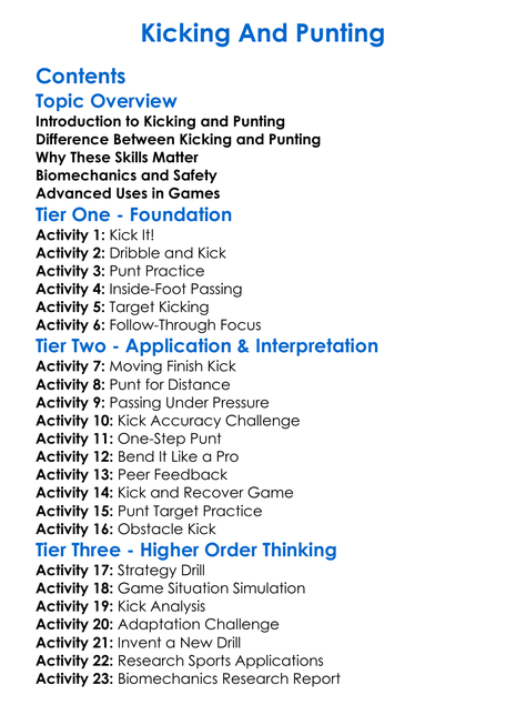 Kicking And Punting Worksheet Activity Booklet