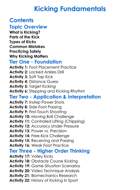 Kicking Fundamentals Worksheet Activity Booklet