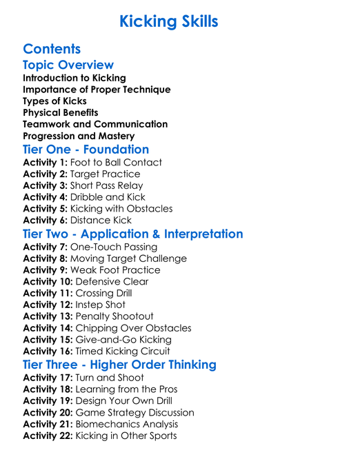 Kicking Skills Worksheet Activity Booklet