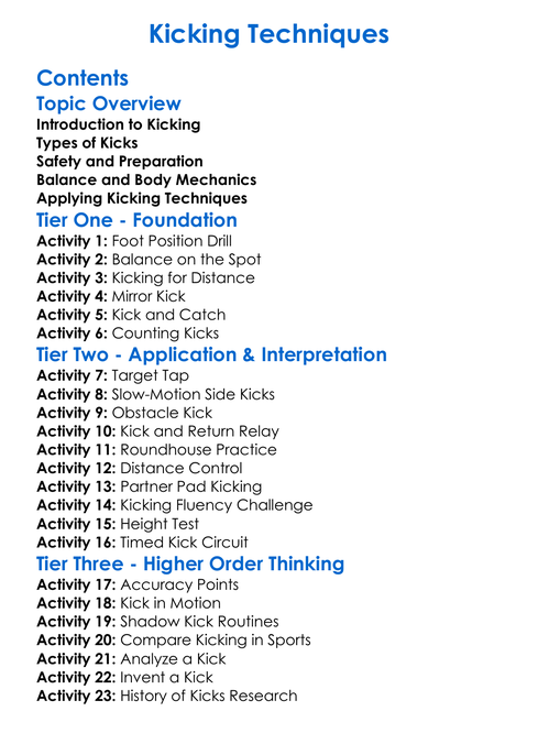 Kicking Techniques Worksheet Activity Booklet