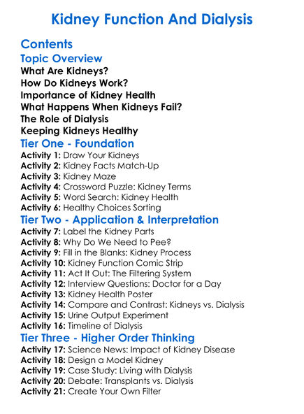 Kidney Function And Dialysis Worksheet Activity Booklet