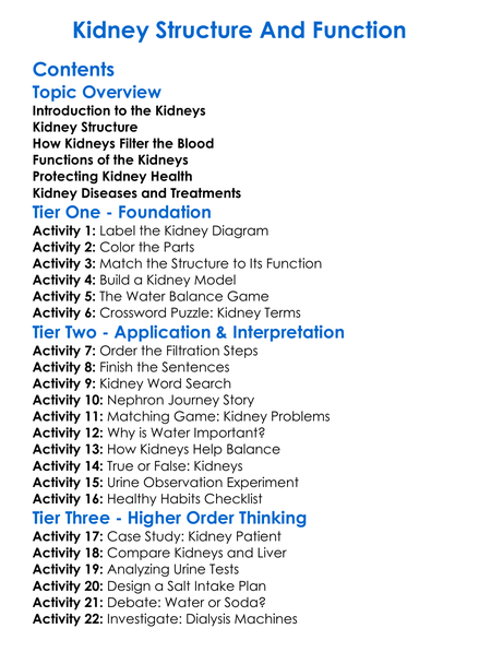Kidney Structure And Function Worksheet Activity Booklet