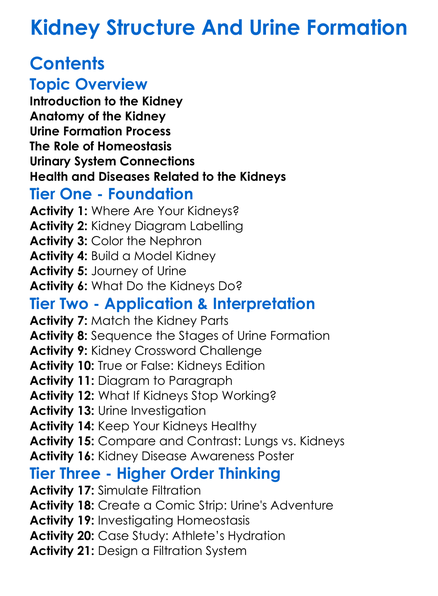 Kidney Structure And Urine Formation Worksheet Activity Booklet