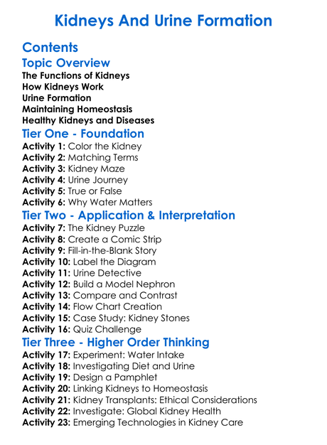 Kidneys And Urine Formation Worksheet Activity Booklet