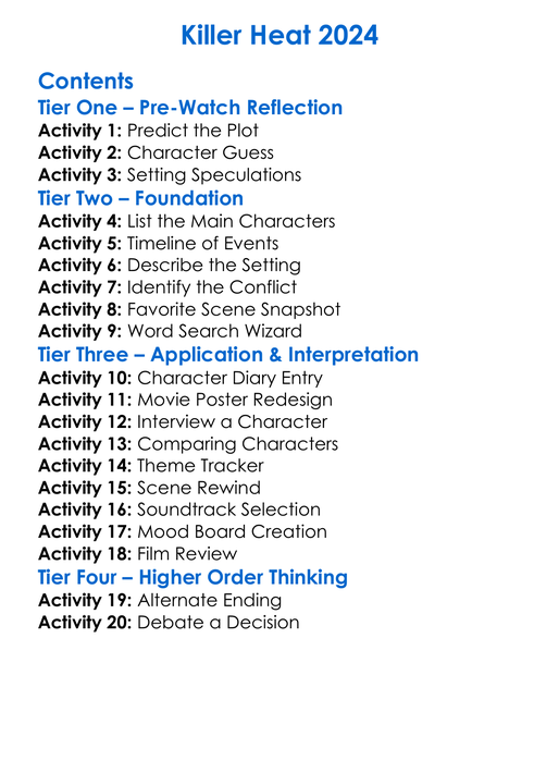 Killer Heat 2024 Worksheet Activity Booklet