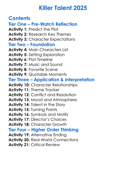 Killer Talent 2025 Worksheet Activity Booklet