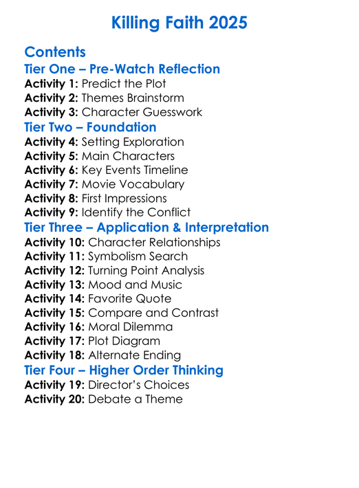 Killing Faith 2025 Worksheet Activity Booklet