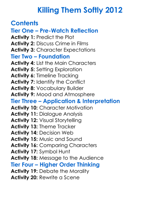 Killing Them Softly 2012 Worksheet Activity Booklet
