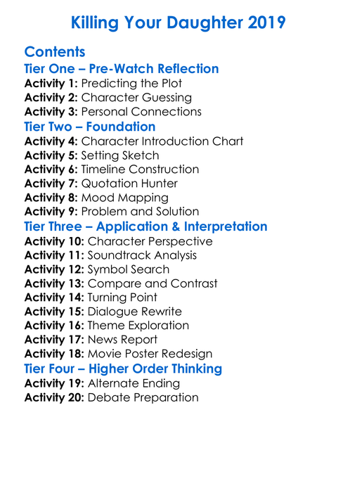Killing Your Daughter 2019 Worksheet Activity Booklet