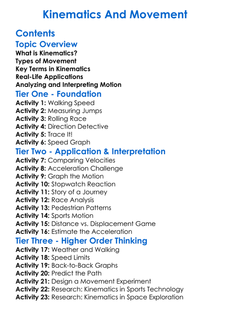 Kinematics And Movement Worksheet Activity Booklet