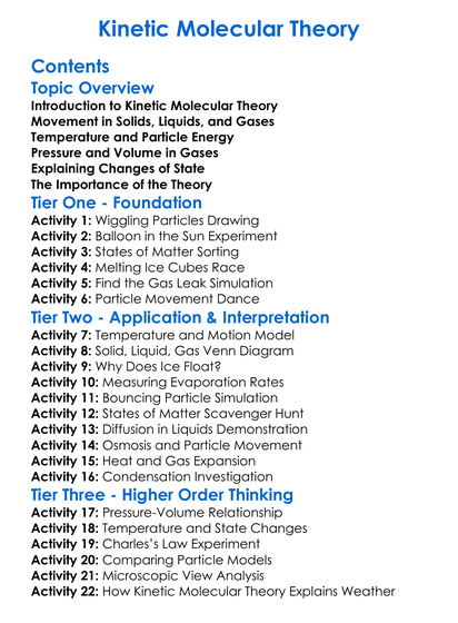 Kinetic Molecular Theory Worksheet Activity Booklet