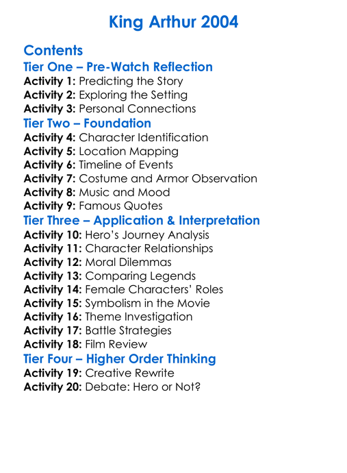 King Arthur 2004 Worksheet Activity Booklet