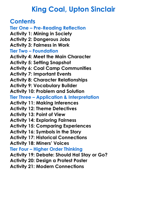 King Coal Upton Sinclair Worksheet Activity Booklet