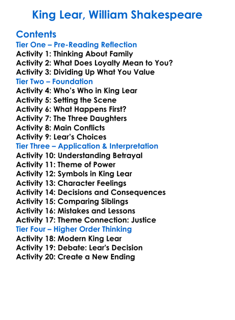 King Lear William Shakespeare Worksheet Activity Booklet