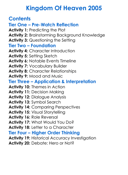 Kingdom Of Heaven 2005 Worksheet Activity Booklet