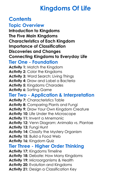 Kingdoms Of Life Worksheet Activity Booklet