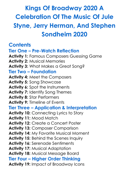 Kings Of Broadway 2020 A Celebration Of The Music Of Jule Styne Jerry Herman And Stephen Sondheim 2020 Worksheet Activity Booklet