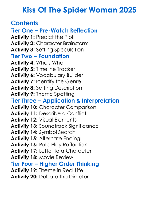 Kiss Of The Spider Woman 2025 Worksheet Activity Booklet