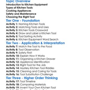 Kitchen Equipment And Tools Worksheet Activity Booklet