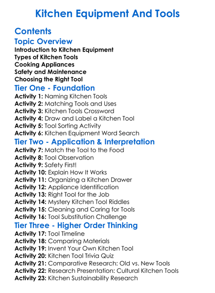 Kitchen Equipment And Tools Worksheet Activity Booklet