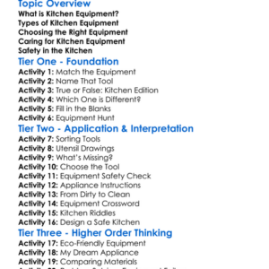 Kitchen Equipment Worksheet Activity Booklet