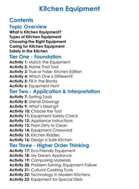 Kitchen Equipment Worksheet Activity Booklet