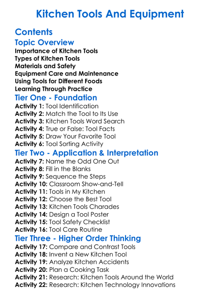 Kitchen Tools And Equipment Worksheet Activity Booklet