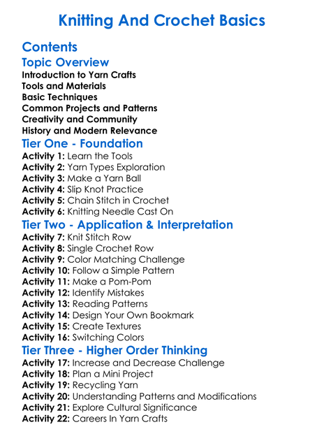 Knitting And Crochet Basics Worksheet Activity Booklet