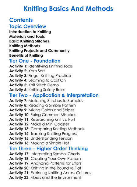 Knitting Basics And Methods Worksheet Activity Booklet