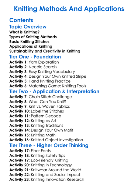 Knitting Methods And Applications Worksheet Activity Booklet