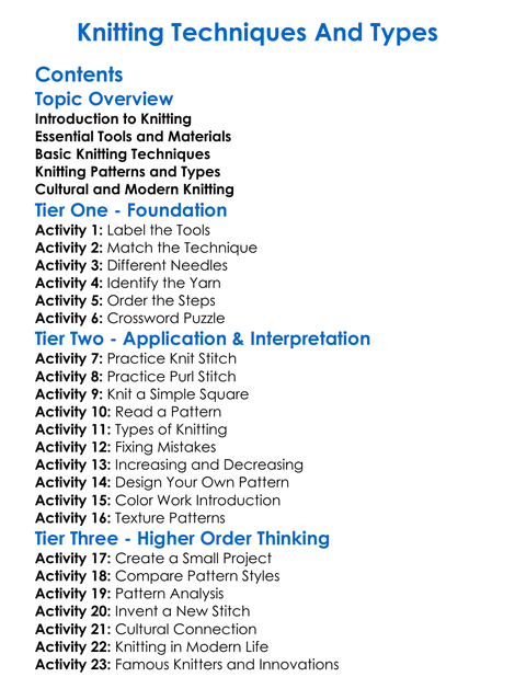 Knitting Techniques And Types Worksheet Activity Booklet