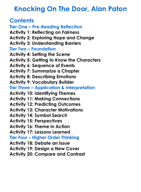 Knocking On The Door Alan Paton Worksheet Activity Booklet