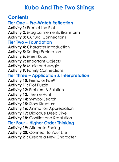 Kubo And The Two Strings Worksheet Activity Booklet