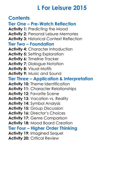 L For Leisure 2015 Worksheet Activity Booklet