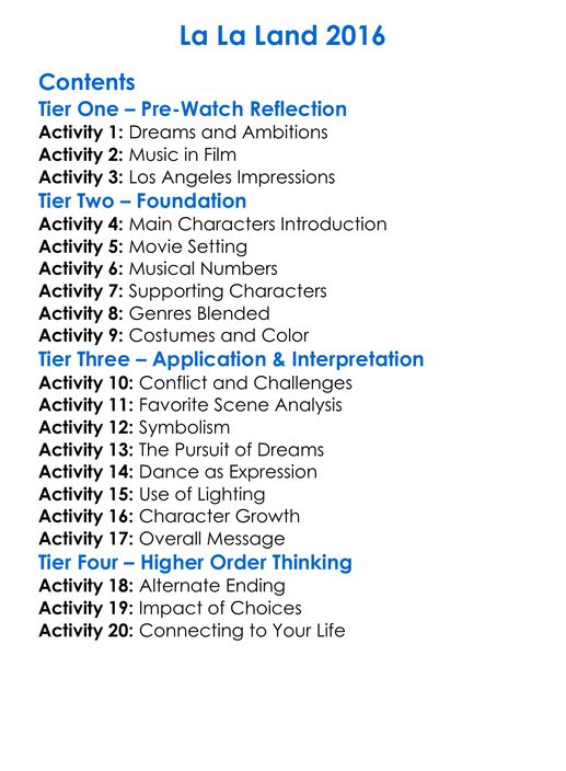 La La Land 2016 Worksheet Activity Booklet