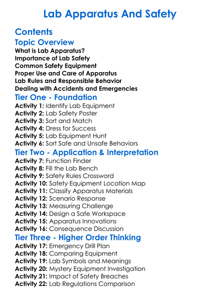 Lab Apparatus And Safety Worksheet Activity Booklet