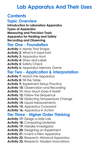 Lab Apparatus And Their Uses Worksheet Activity Booklet
