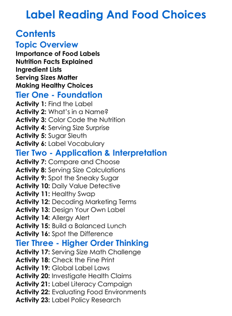 Label Reading And Food Choices Worksheet Activity Booklet