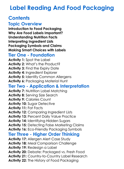 Label Reading And Food Packaging Worksheet Activity Booklet