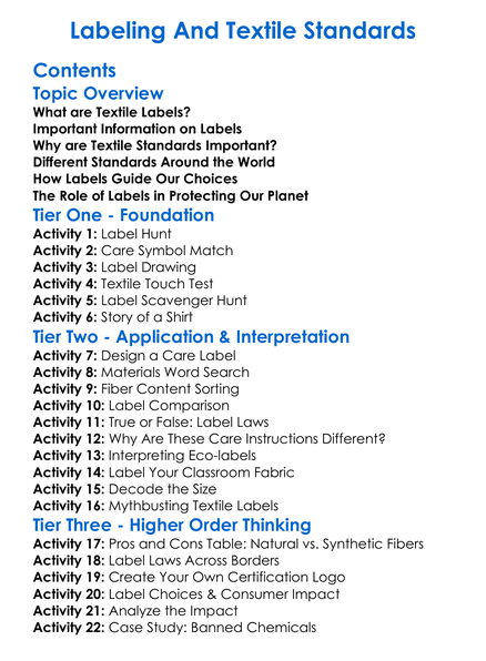 Labeling And Textile Standards Worksheet Activity Booklet