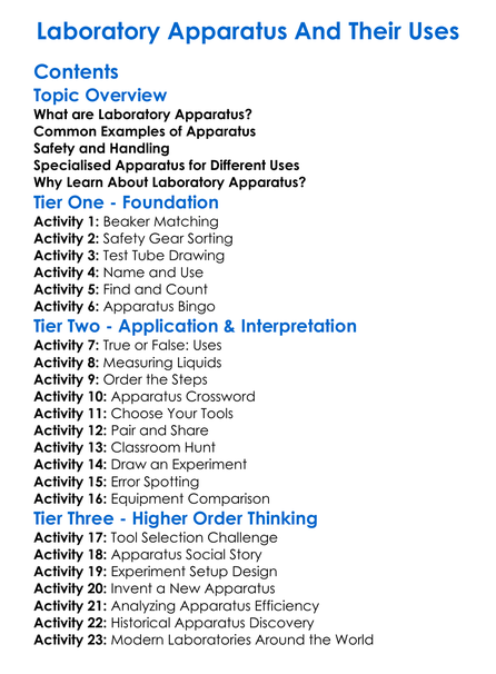 Laboratory Apparatus And Their Uses Worksheet Activity Booklet